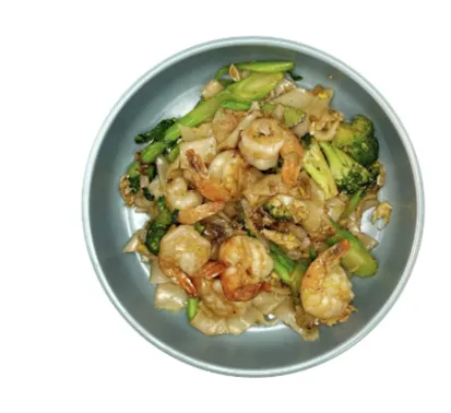 Pad See Ew with wide rice noodles and Chinese broccoli